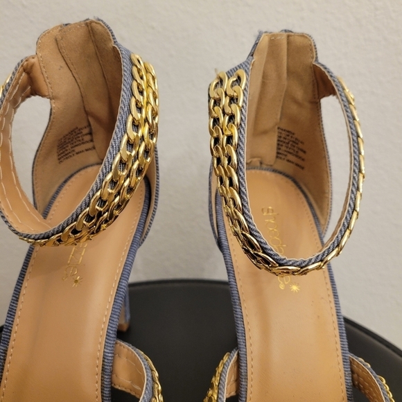 Shoedazzle Denim Pointed Toe Ankle Strap Stilettos Heel Gold Chains SZ 10 - Picture 6 of 13